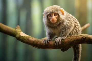  a small monkey sitting on top of a tree branch in a forest.  generative ai