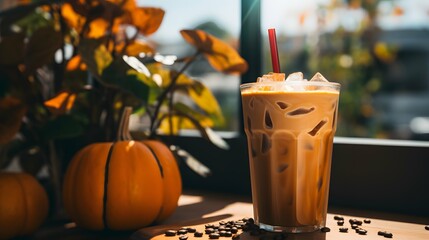 Pumpkin spice latte, iced coffee background photo