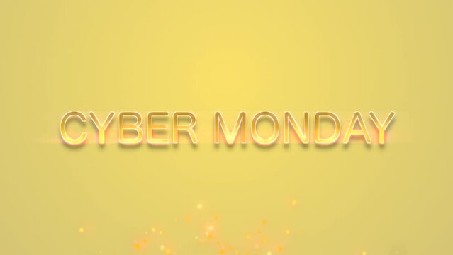 Cyber Monday text with flying gold confetti on yellow gradient, motion abstract holidays, retro and business style background