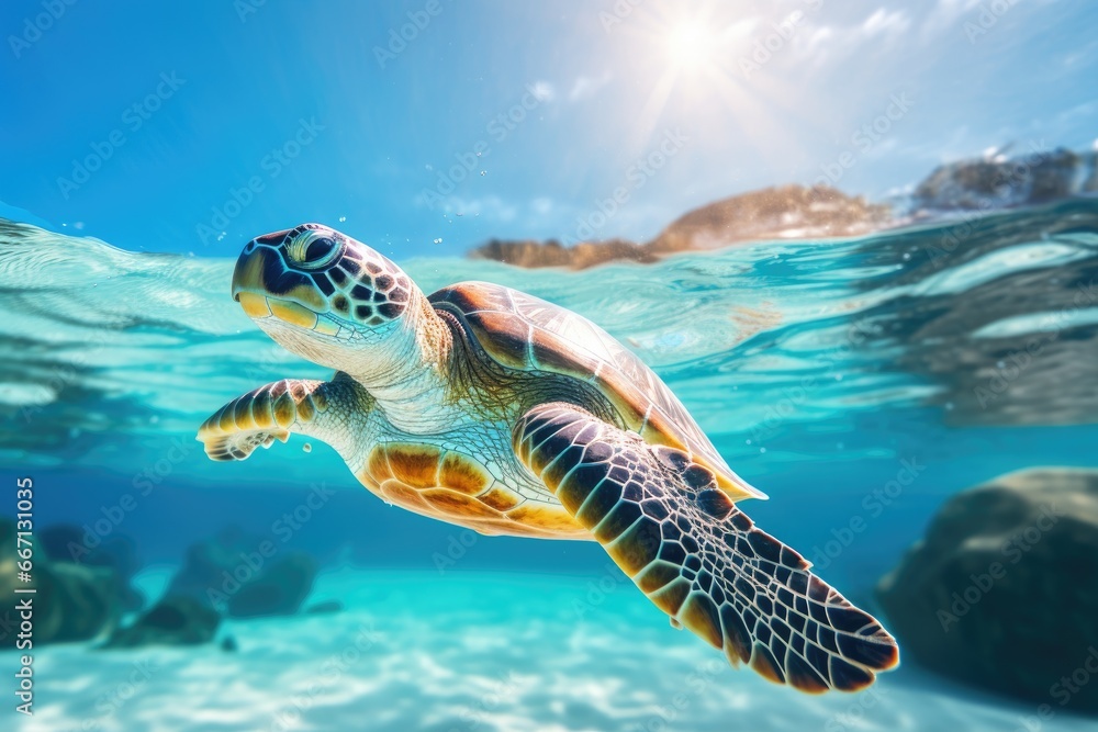 Poster a turtle swimming in the ocean with rocks in the background. generative ai