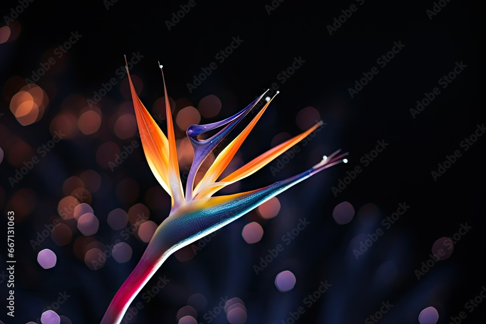 Poster a vibrant bird of paradise flower on a black background with bokeh lights, creating a beautiful cont