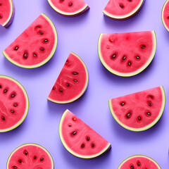 Pattern of slices of watermelon on a violet background. Minimal summer composition.