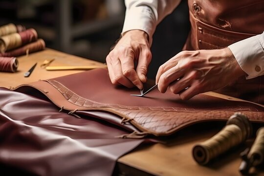 a male shoemaker is working with leather textiles