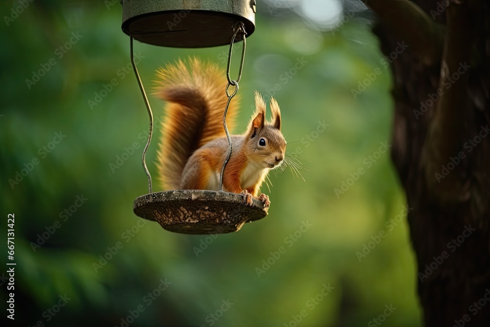 Poster a squirrel sitting on a bird feeder in a tree trunk. generative ai