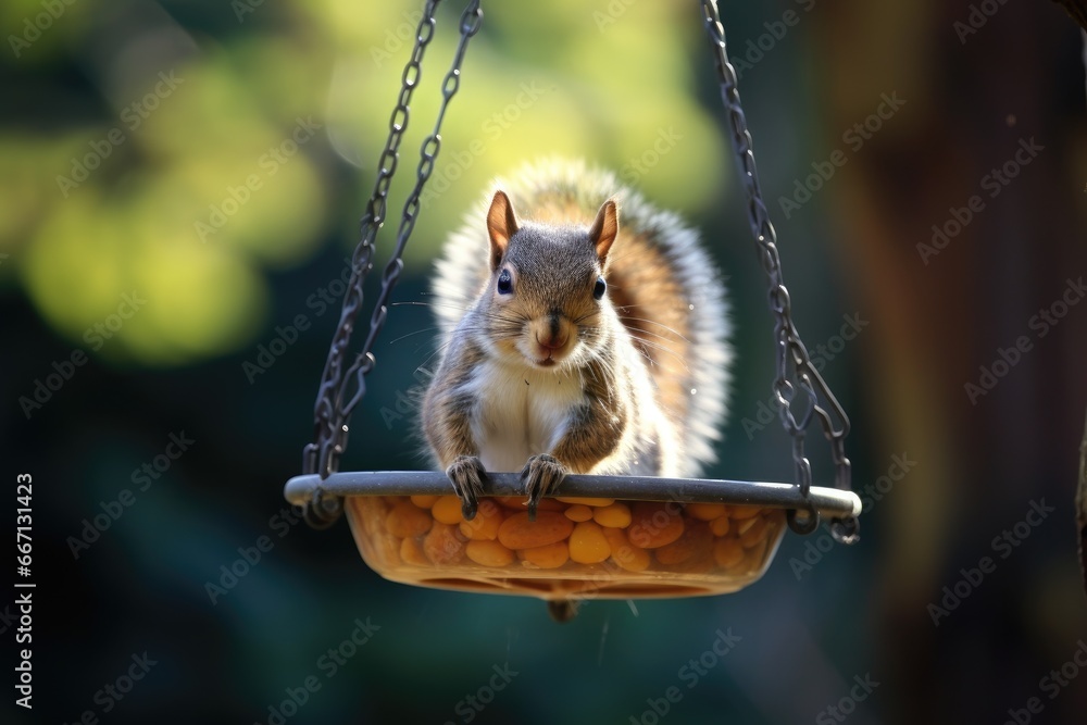 Poster a squirrel is sitting on a swing with peanuts in it. generative ai