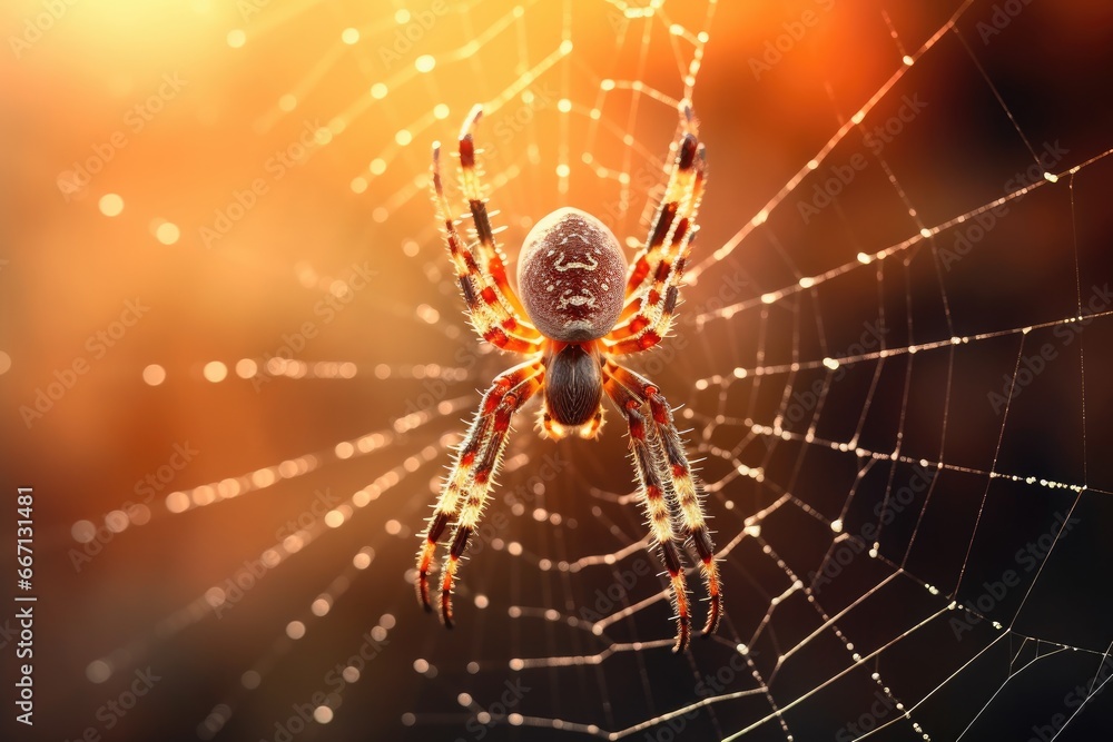 Poster a close up of a spider on a web with water droplets. generative ai
