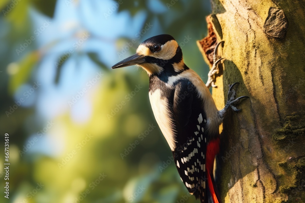Aufkleber a bird is perched on the side of a tree trunk. generative ai