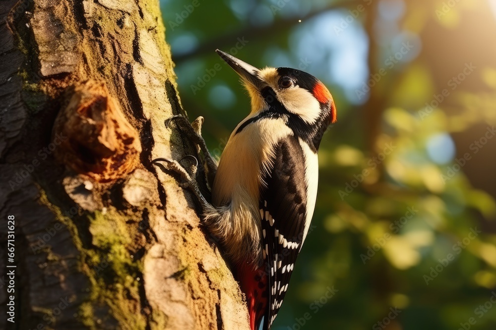 Poster a woodpecker is standing on a tree trunk in the sunlight. generative ai