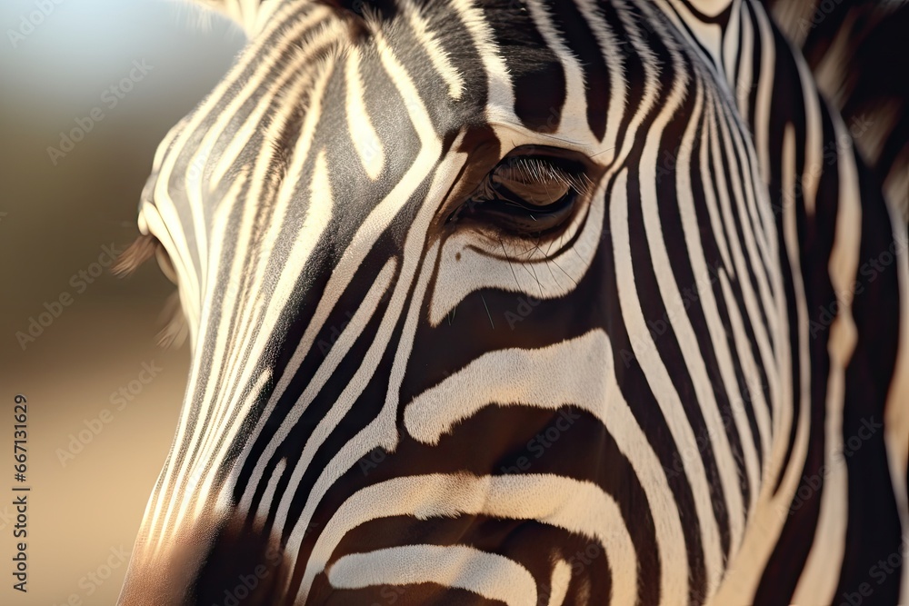 Poster a close up of a zebra's face with a blurry background. generative ai