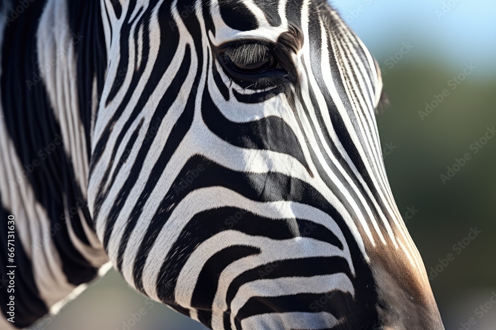 Poster a close up of a zebra's head with a blurry background. generative ai