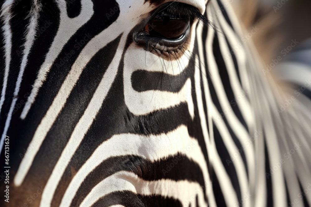 Poster a close up of a zebra's face with a blurry background. generative ai