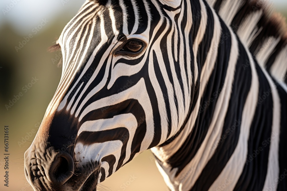 Poster a close up of a zebra's face with a blurry background. generative ai