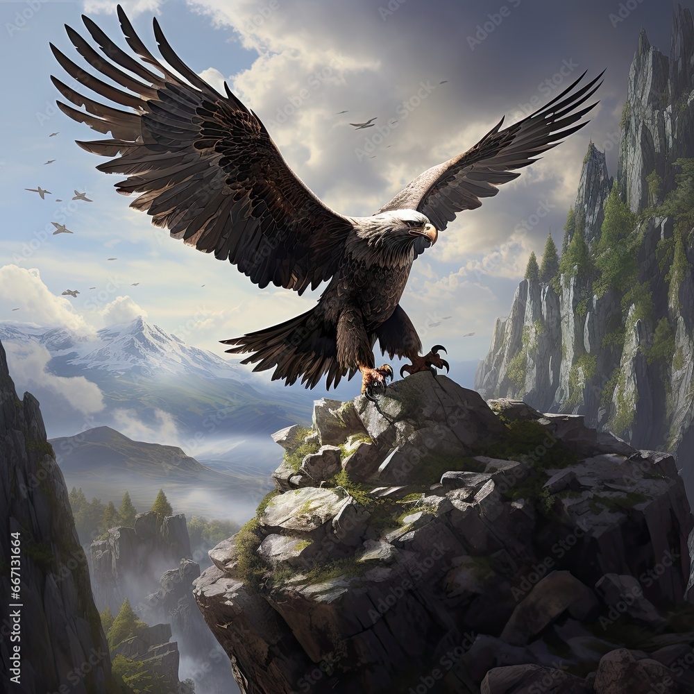 Poster a large bird with outstretched wings standing on a cliff with mountains in the background. generativ