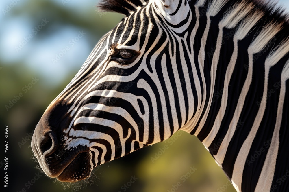 Poster a close up of a zebra with trees in the background. generative ai