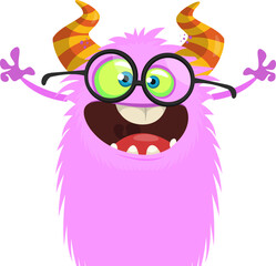 Funny cartoon monster character wearing round eyeglasses. Illustration of cute and happy creature or alien. Halloween vector design isolated