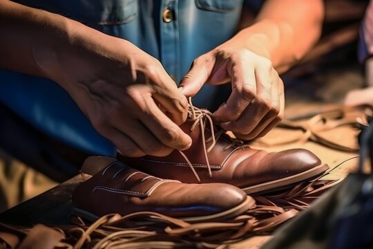a male shoemaker is working with leather textiles