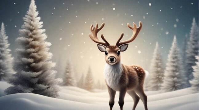 Cute baby reindeers posing near fir tree on Christmas atmosphere background with space for text, background image, AI generated