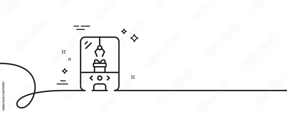 Poster crane claw machine line icon. continuous one line with curl. amusement park sign. carousels symbol. 