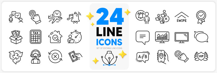 Icons set of Text message, Remove team and Bribe line icons pack for app with Monitor, Location app, Timer thin outline icon. Tax calculator, Recycle, Pay money pictogram. Statistics. Vector