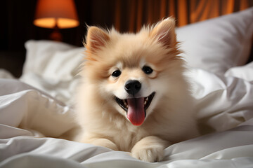 A cute, contented Spitz puppy lies on snow-white bed linen. A funny face with small black eyes and a black nose stuck out its tongue with pleasure. Favorite dogs. A mood of tenderness and warmth.