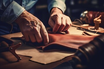 a male shoemaker is working with leather textiles