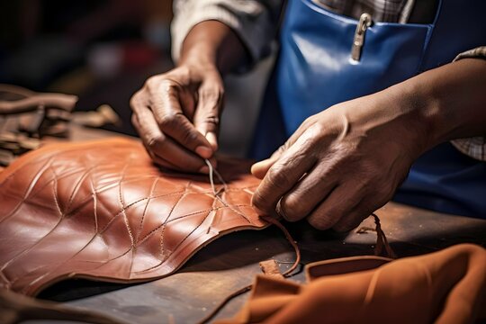 a male shoemaker is working with leather textiles