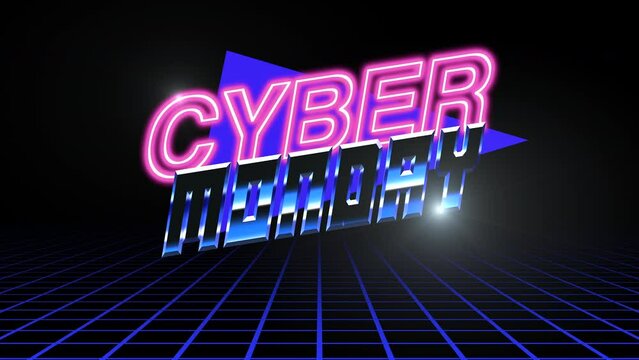 Cyber Monday text with retro neon triangle and grid on black gradient, motion abstract holidays, retro and business style background