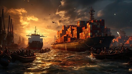 Cargo ship in the sea with a lot of people and cargo on it and fishers boats as well - obrazy, fototapety, plakaty