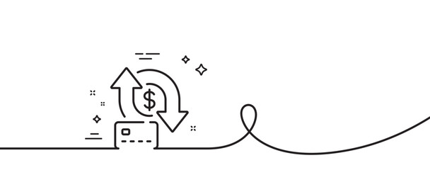 Money transfer line icon. Continuous one line with curl. Credit card sign. Bank payments symbol. Money transfer single outline ribbon. Loop curve pattern. Vector