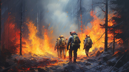 A group of firefighters extinguishes a strong fire in the forest