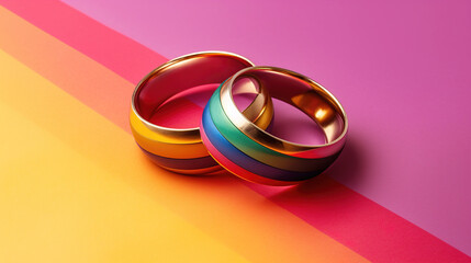 Wedding rings on rainbow fabric close up