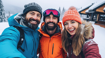 Group of happy people relaxing in the mountains at a resort