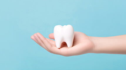 Hand holding a tooth close-up on a blue background with copyspace. Dental clinic concept for dental treatment - obrazy, fototapety, plakaty