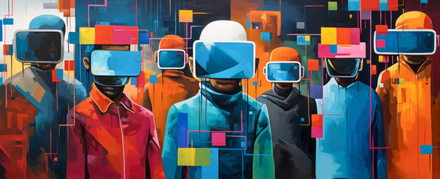 Abstract group of people wearing virtual reality headsets.