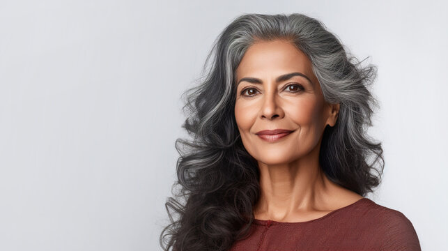 Beautiful mature well-groomed Indian woman on a gray background with copyspace