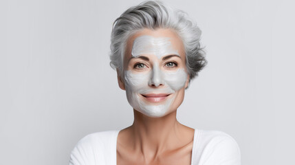 Mature positive woman with gray hair with a cosmetic mask on her face on a light background - obrazy, fototapety, plakaty