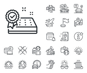 Tested orthopedic pad sign. Plane jet, travel map and baggage claim outline icons. Mattress guarantee line icon. Breathable sleep bed symbol. Mattress guarantee line sign. Vector