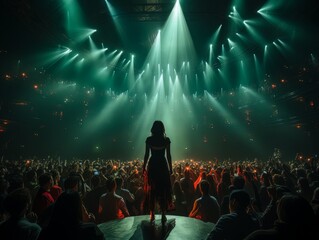 Fictional woman on stage in green and spotlight with her back in frame AI
