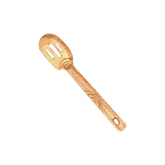 Watercolor illustration of wooden mixing spoon. Culinary big cooking spoon. Wood kitchen utensils isolate on white background. Eco friendly wooden spoon