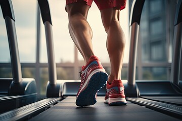 Male legs in running shoes on a treadmill at home. Work-out - obrazy, fototapety, plakaty