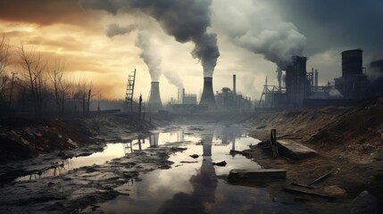 Smoking chimneys of factories in a polluted city, dirt and soot