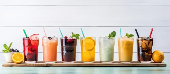 Tuinposter Assortment of hot and cold drinks on wooden table Various beverages including tea milk juice coffee smoothie water Traditional healthy tasty Wide panoramic horizontal banner © 2rogan
