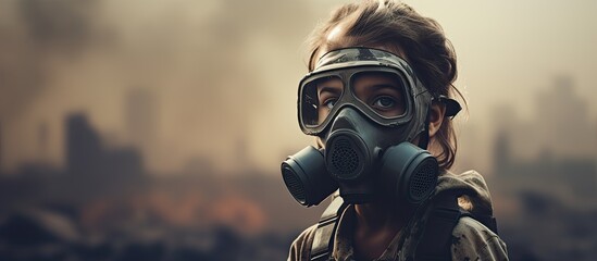 Child wearing gas mask in polluted dystopian environment pollution concept