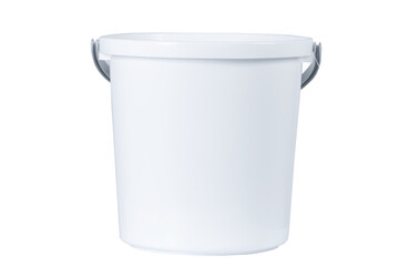 White plastic water bucket on white background. - obrazy, fototapety, plakaty