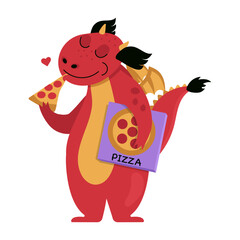 Funny dragon eats a piece of pizza and holds a box of pizza. Vector graphic.