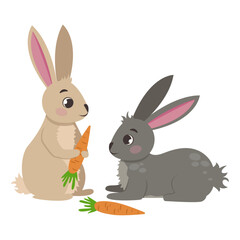 Farm animals. Cute rabbits with carrots. Vector graphic.