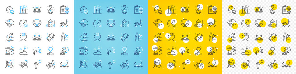 Vector icons set of Mountain bike, Winner cup and Winner line icons pack for web with Sports arena, Yoga mind, Fitness water outline icon. Leadership, Flags, Bicycle parking pictogram. Vector
