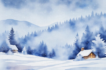 snow covered winter wonderland watercolor painting artwork