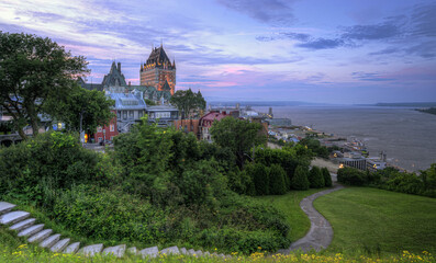 Cityscape view of Old Quebec City at blue hour in Quebec City, Canada