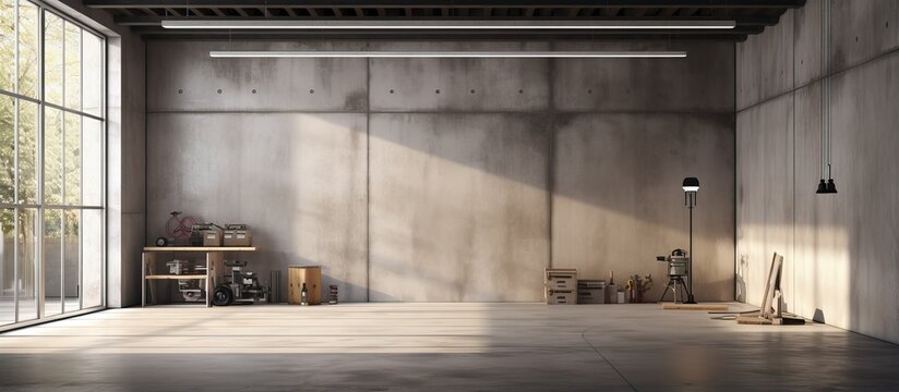 An empty concrete garage interior depicted in a